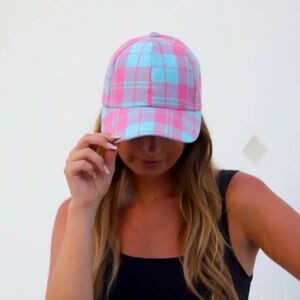 Plaid pink and teal baseball cap